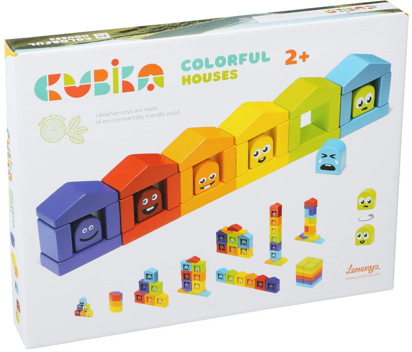 Комплект дървени блокчета Cubika - Цветни къщички