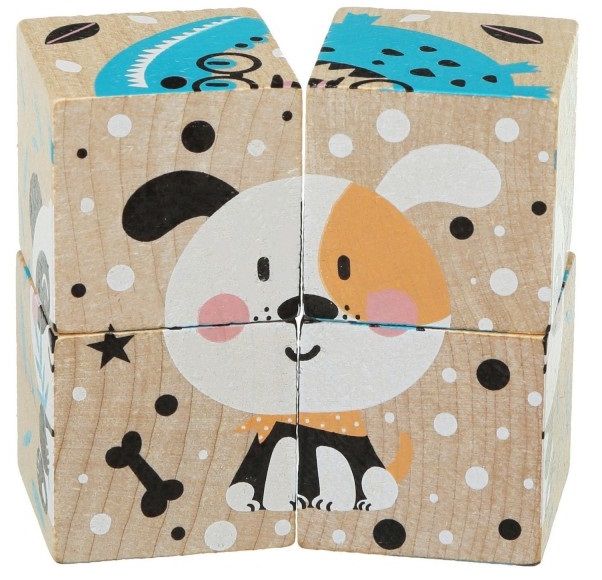 Дървени кубчета Cubika - Животни, 4 кубчета, 6 пъзела
