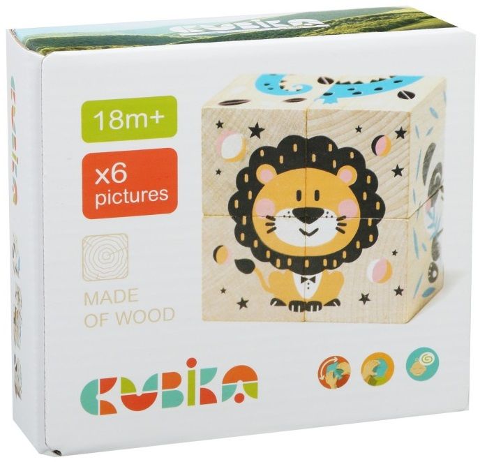 Дървени кубчета Cubika - Животни, 4 кубчета, 6 пъзела