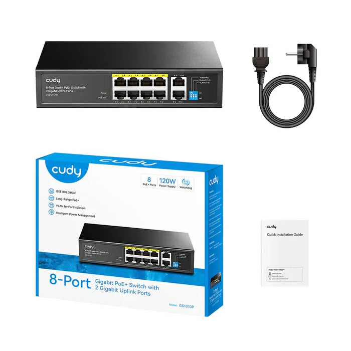 Суич Cudy GS1010P V3.0 , 8-портов 10/100/1000 Mbps RJ 45, 2xUplink порта - Черен