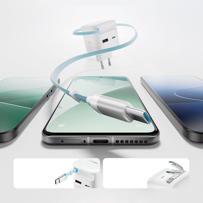 Зарядно за стена Cuktech AD653W 67W GaN 2x USB-C + USB-A с 70 см прибиращ се USB-C кабел - бяло
