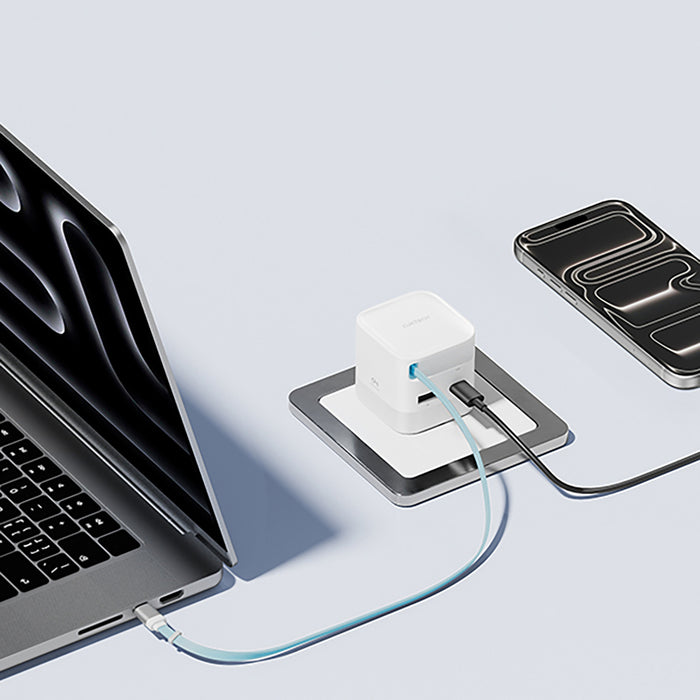 Зарядно за стена Cuktech AD653W 67W GaN 2x USB-C + USB-A с 70 см прибиращ се USB-C кабел - бяло