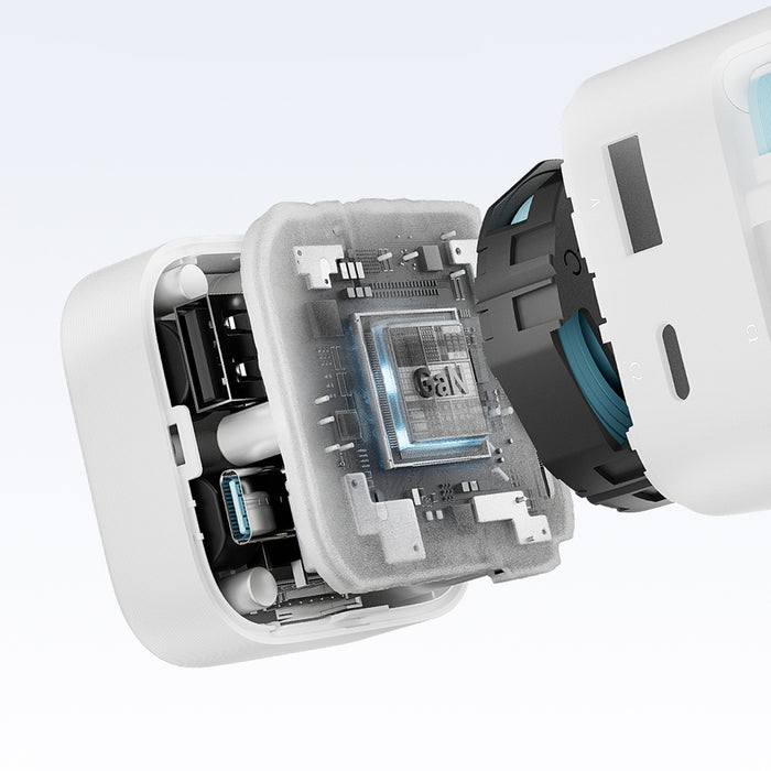 Зарядно за стена Cuktech AD653W 67W GaN 2x USB-C + USB-A с 70 см прибиращ се USB-C кабел - бяло