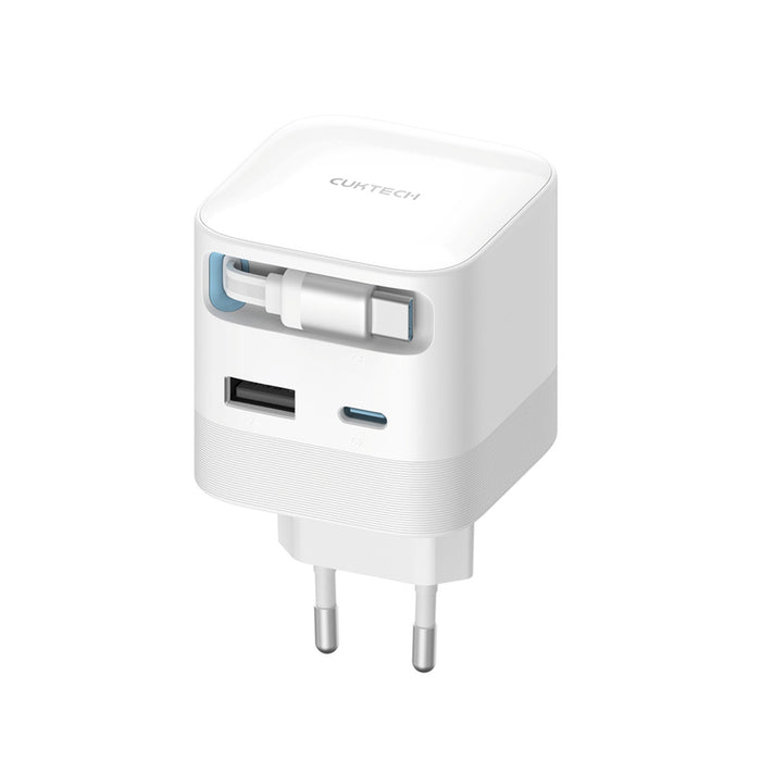 Зарядно за стена Cuktech AD653W 67W GaN 2x USB-C + USB-A с 70 см прибиращ се USB-C кабел - бяло
