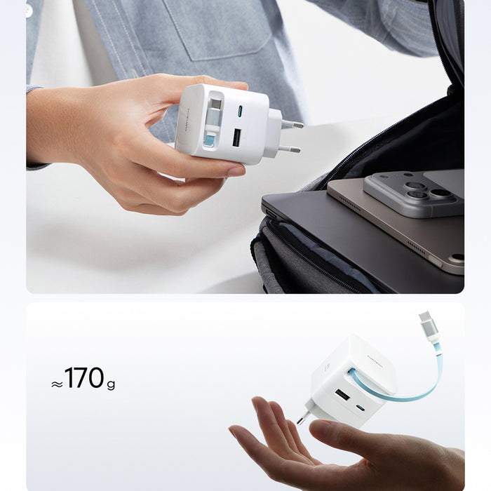 Зарядно за стена Cuktech AD653W 67W GaN 2x USB-C + USB-A с 70 см прибиращ се USB-C кабел - бяло