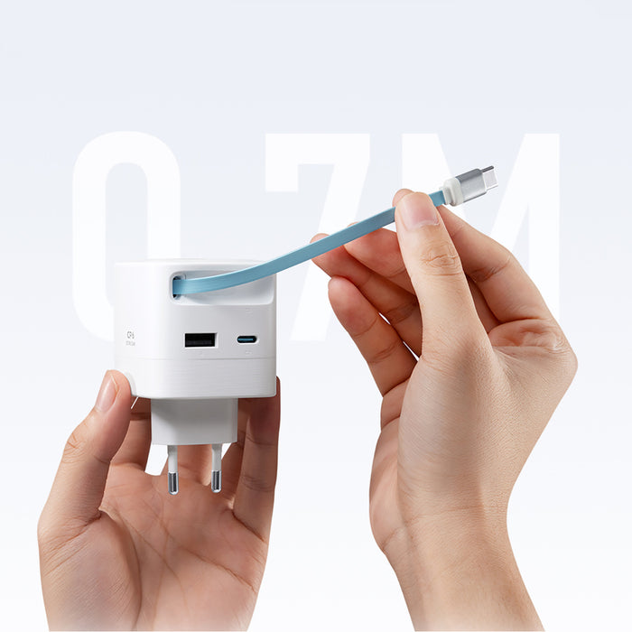 Зарядно за стена Cuktech AD653W 67W GaN 2x USB-C + USB-A с 70 см прибиращ се USB-C кабел - бяло