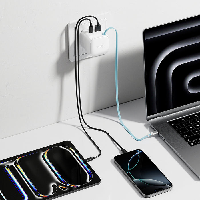 Зарядно за стена Cuktech AD653W 67W GaN 2x USB-C + USB-A с 70 см прибиращ се USB-C кабел - бяло