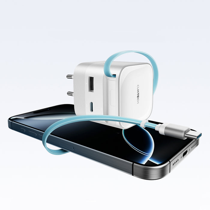 Зарядно за стена Cuktech AD653W 67W GaN 2x USB-C + USB-A с 70 см прибиращ се USB-C кабел - бяло