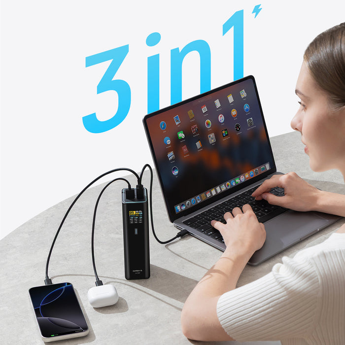 Външна батерия Cuktech PB200U 210W 20000mAh 2x USB-C + USB-A с TFT дисплей и 240W USB-C кабел - черна
