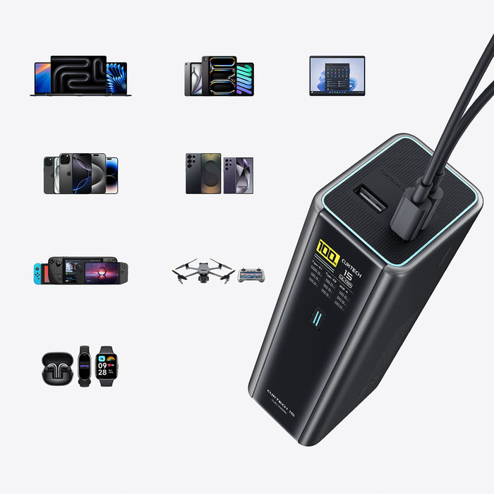 Външна батерия Cuktech PB200U 210W 20000mAh 2x USB-C + USB-A с TFT дисплей и 240W USB-C кабел - черна