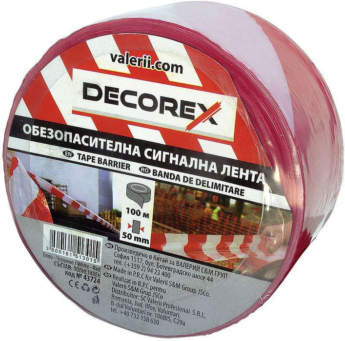 Сигнална лента Decorex - 100 m х 50 mm, червено-бяла