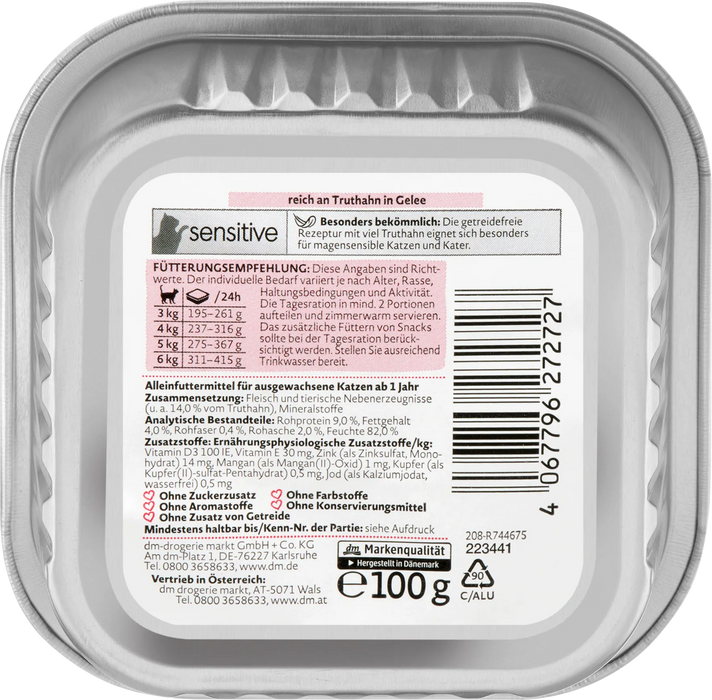 Храна за котки Sensitive, богата на пуйка в желе, 100 g