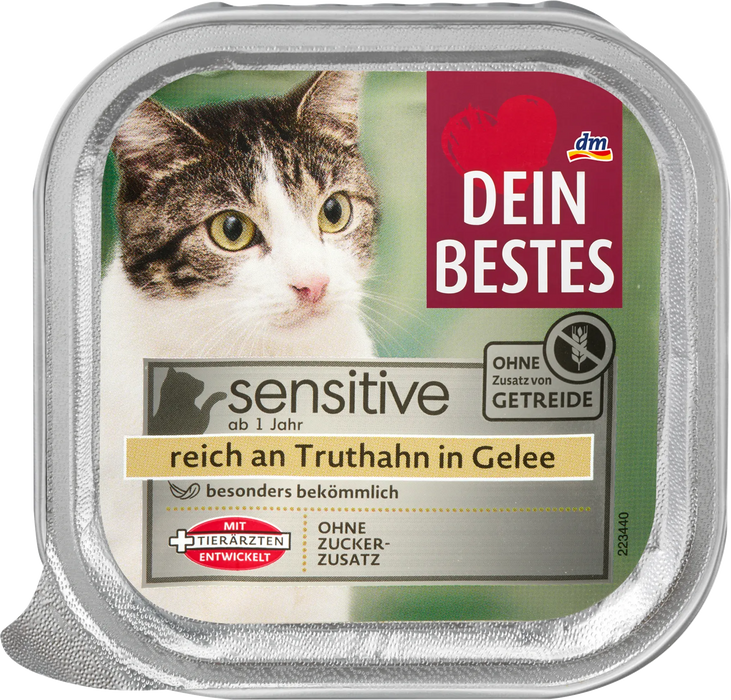 Храна за котки Sensitive, богата на пуйка в желе, 100 g