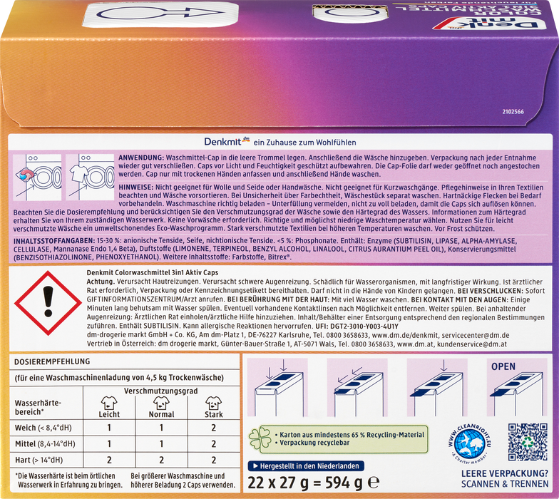 Капсули за цветно пране 3 в 1 Aktiv, (22 пранета x 27g), 594 g