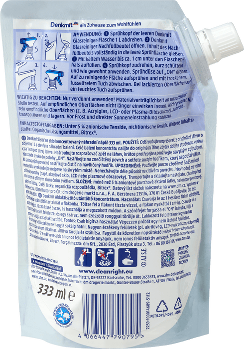Почистващ препарат за стъкло, пълнител, 333 ml