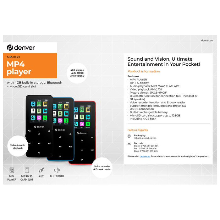 MP4 плейър Denver Electronics MP-1830BU 1,8" Bluetooth Син