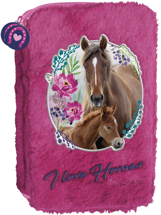 Ученически несесер Derform Horses - с 2 ципа, плюшен