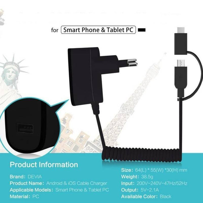 Зарядно устройство DEVIA 220V за microUSB/Type C, 2.1A