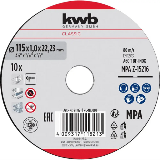 ДИСК ЗА МЕТАЛ 115X1.0MM 10БР KWB