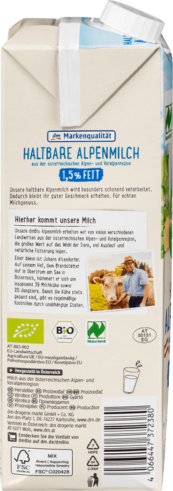 Био алпийско мляко  1,5%, 1 l
