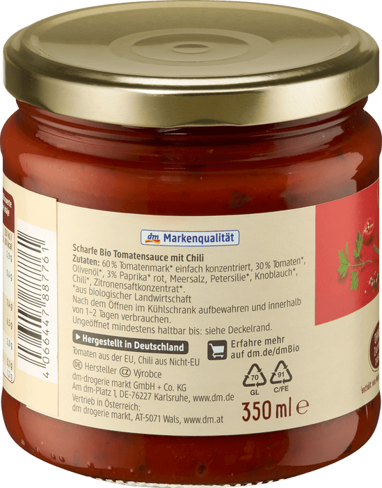 Био Доматен сос Арабиата с люти чушки, 350 ml