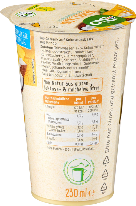 Био Кокосова напитка Mango Lassi, 230 ml