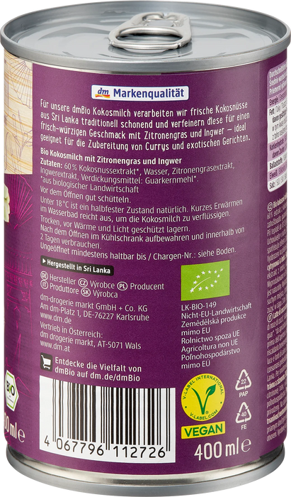Био кокосово мляко с лимонена трева и джинджифил, 400 ml