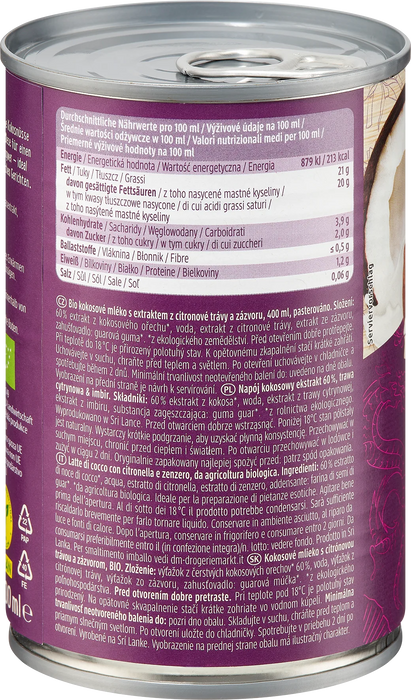Био кокосово мляко с лимонена трева и джинджифил, 400 ml