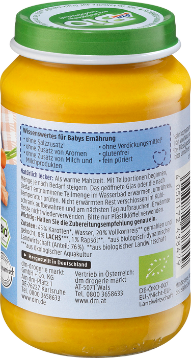 Био меню от моркови с пълнозърнест ориз и сьомга, 190 g