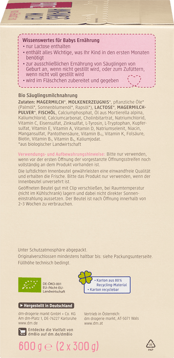 Био мляко за начално хранене на кърмачета Pre, 0+м, 600 g