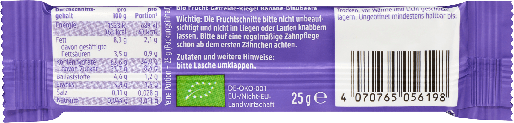Био плодов бар с банан и синя боровинка, 1+г, 25 g