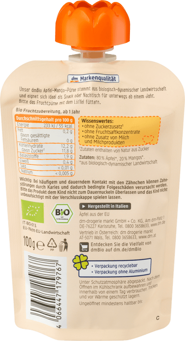Био плодово пюре от ябълка и манго, 1+г, 100 g