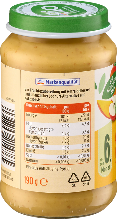 Био плодово - зърнено пюре с ябълка, банан и манго в кокос, 6+м, 190 g
