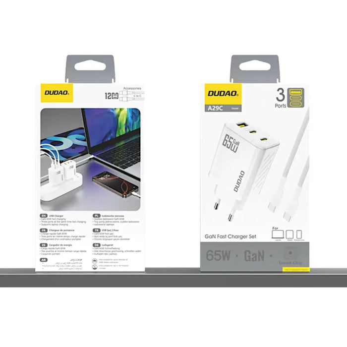 Dudao A29C 65W GaN стенно зарядно Бяло + USB-C кабел