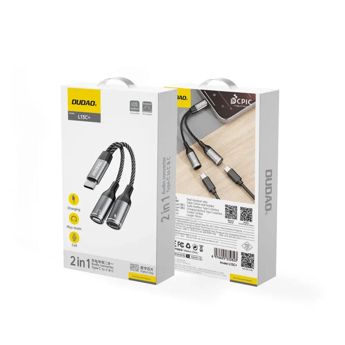 Dudao L13C + 2в1 USB-C адаптер - сив