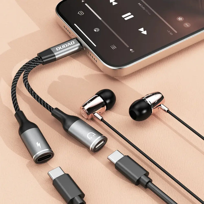 Dudao L13C + 2в1 USB-C адаптер - сив