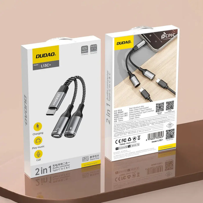 Dudao L13C + 2в1 USB-C адаптер - сив