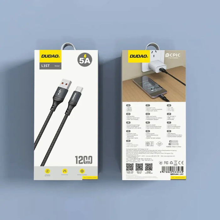 Dudao L3ST USB-A - USB-C 5A кабел 1,2 м оплетен - черен