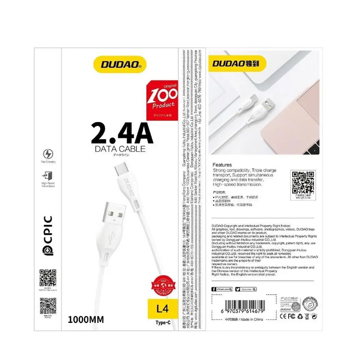 Dudao USB / Lightning кабел 2.4A 1m бял (L4L 1m бял)