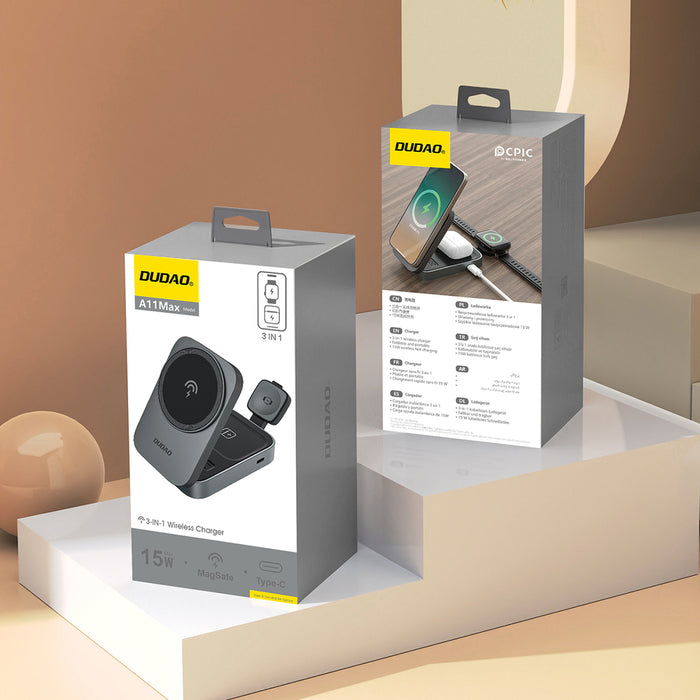 Dudao A11 Max 3-в-1 индуктивна зарядна станция, съвместима с MagSafe - сива