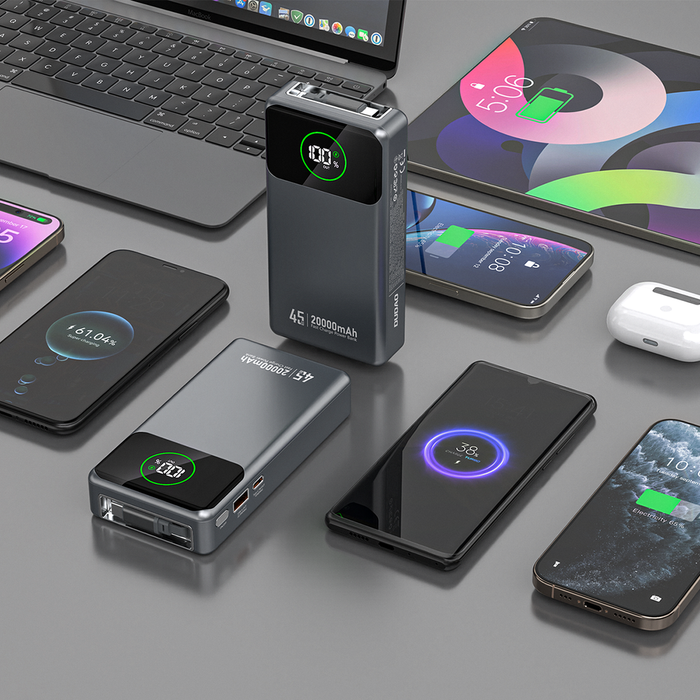 Външна батерия Dudao K31 Pro 45W 20000mAh с вграден прибиращ се USB-C кабел - сива