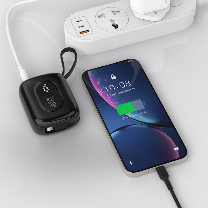Външна батерия Dudao K32 10000 mAh с вграден USB-C/Lightning кабел - черна