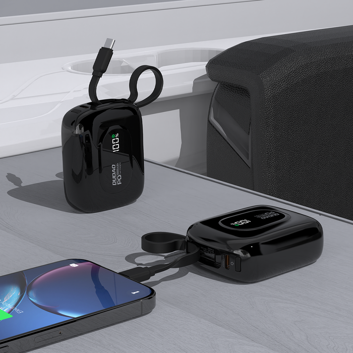 Външна батерия Dudao K32 10000 mAh с вграден USB-C/Lightning кабел - черна