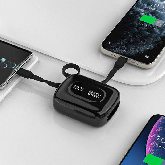 Външна батерия Dudao K32 10000 mAh с вграден USB-C/Lightning кабел - черна