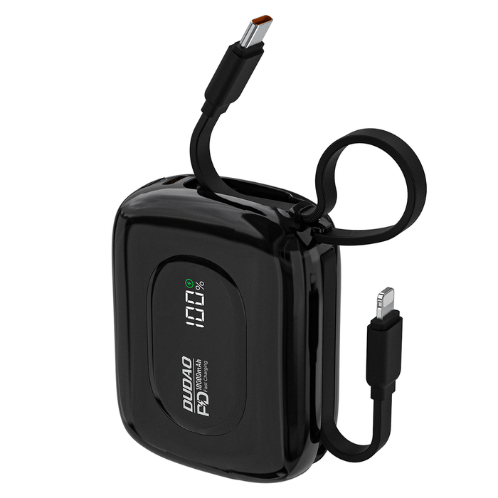 Външна батерия Dudao K32 10000 mAh с вграден USB-C/Lightning кабел - черна