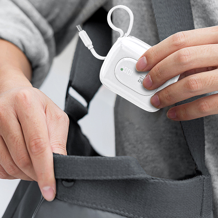 Външна батерия Dudao K32 10000 mAh с вграден USB-C/Lightning кабел - бяла