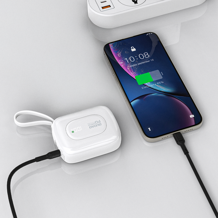 Външна батерия Dudao K32 10000 mAh с вграден USB-C/Lightning кабел - бяла