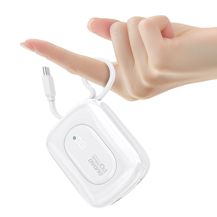 Външна батерия Dudao K32 10000 mAh с вграден USB-C/Lightning кабел - бяла