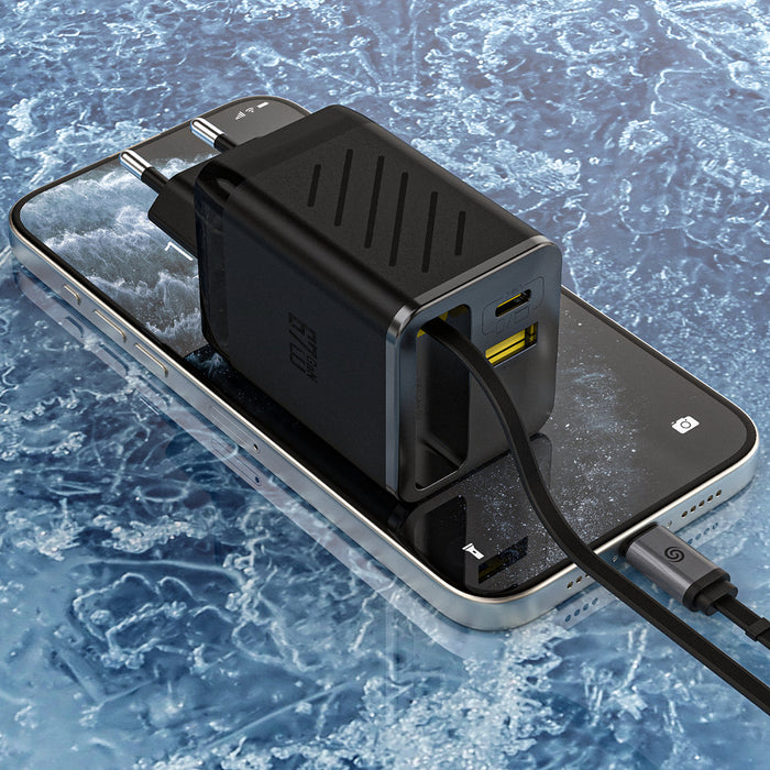 Зарядно за стена Dudao A67EU GaN 67W с вграден прибиращ се USB-C кабел за бързо зареждане - черно