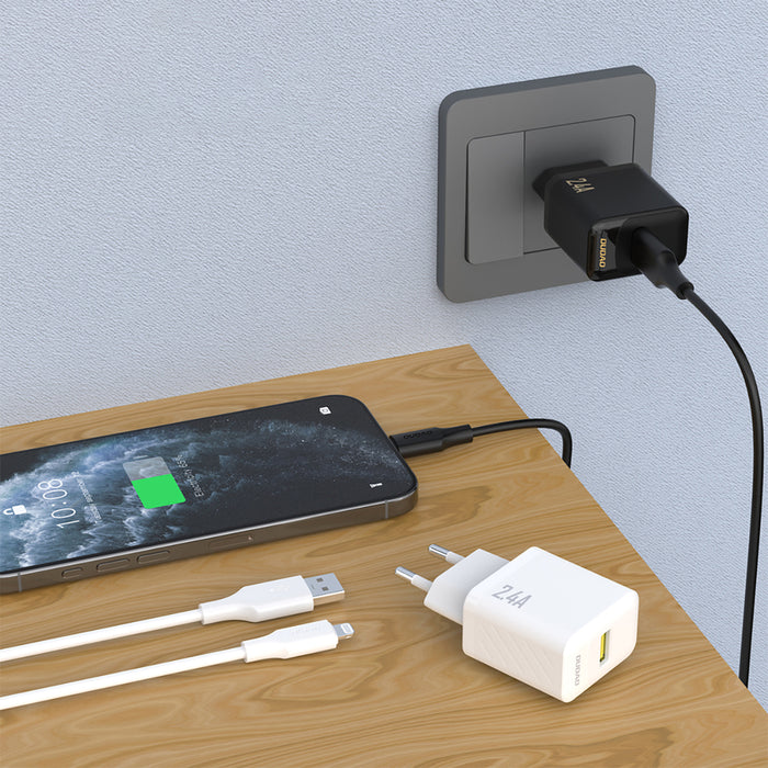 Зарядно за стена Dudao A23LEU 2.4A GaN EU USB-A с USB-A към Lightning кабел - бяло